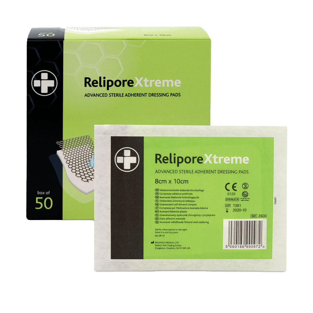 Relipore Xtreme dressing pads packaging with green and black design.