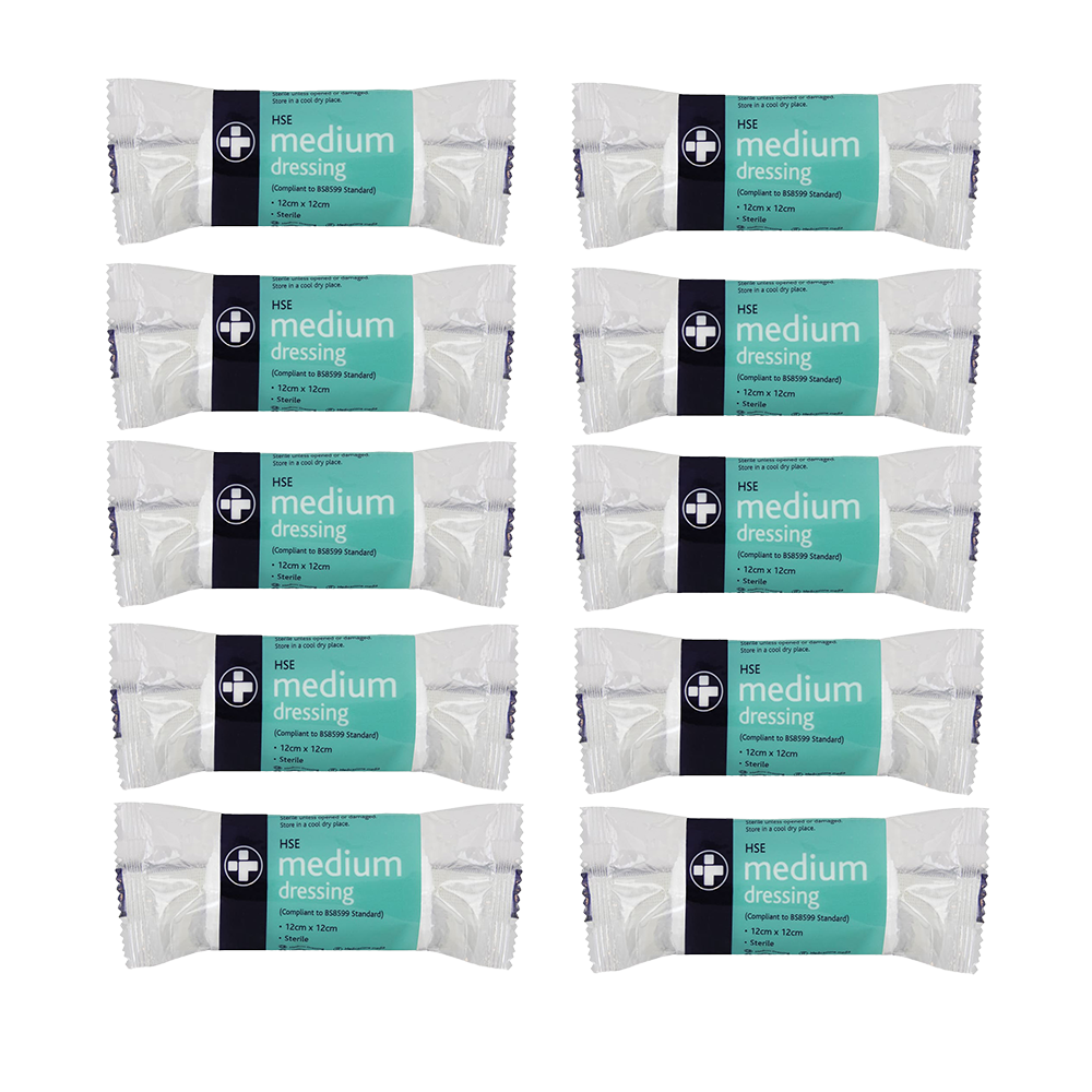 Multiple packages of HSE medium dressing on a white background