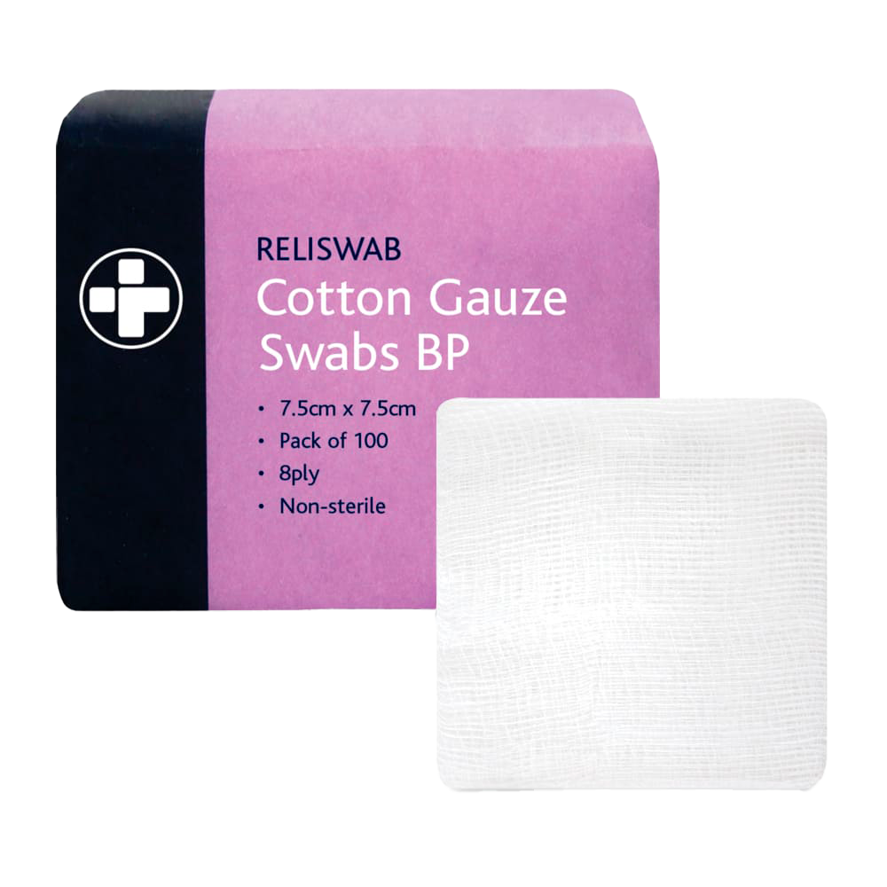 Reliswab cotton gauze swabs packaging with a swab on a white background