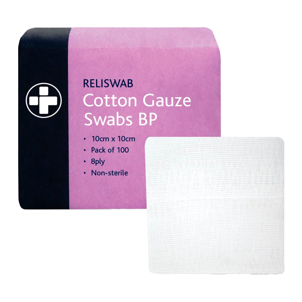 Reliswab cotton gauze swabs packaging with a swab displayed in front on a white background