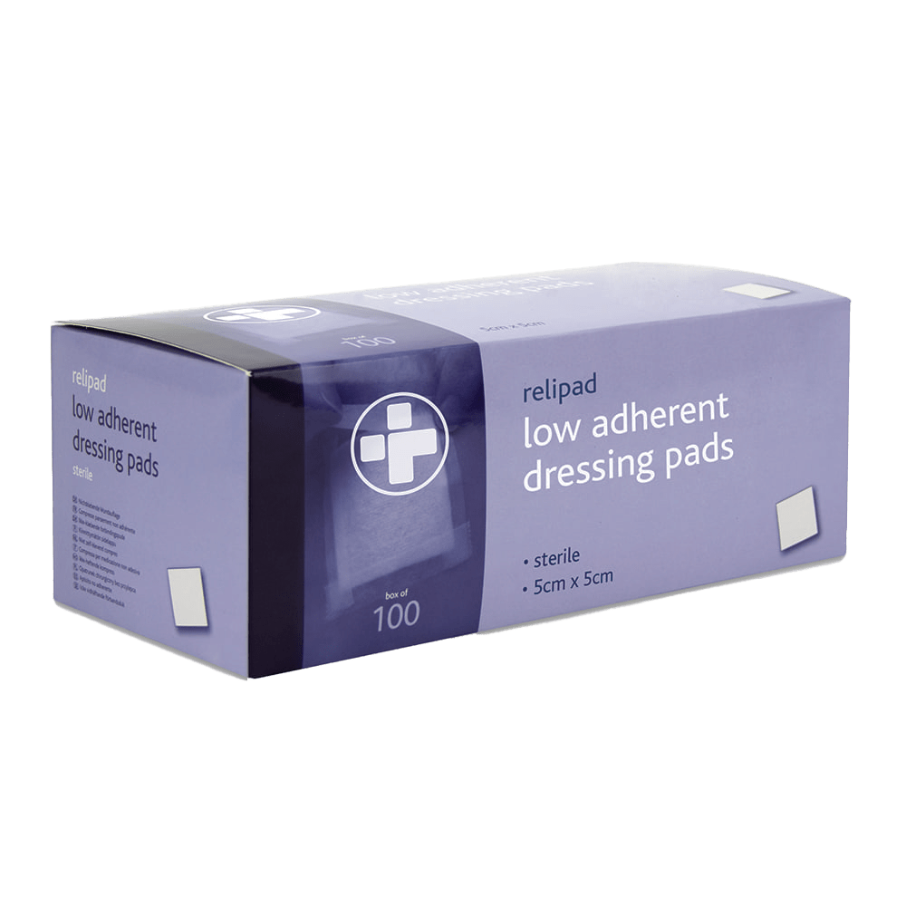 Box of relipad low adherent dressing pads on a green background