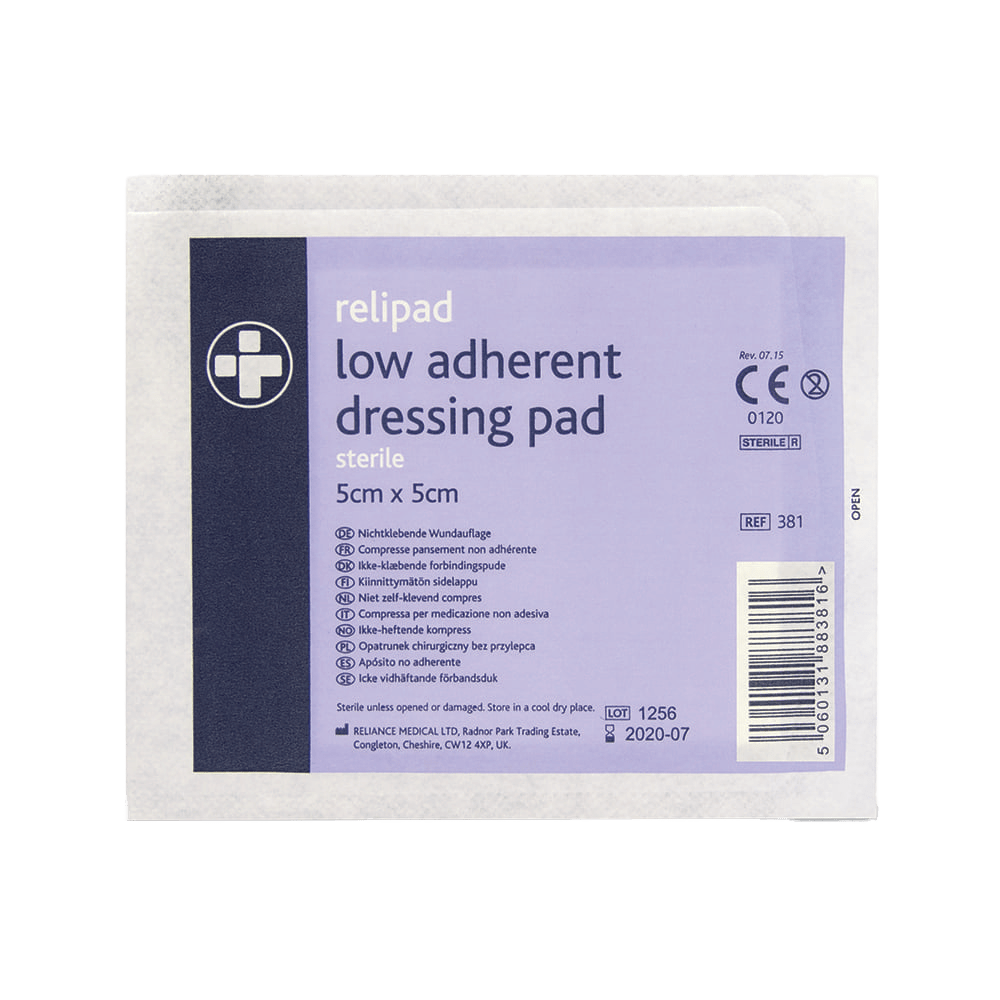 Relipad low adherent dressing pad packaging on a green background
