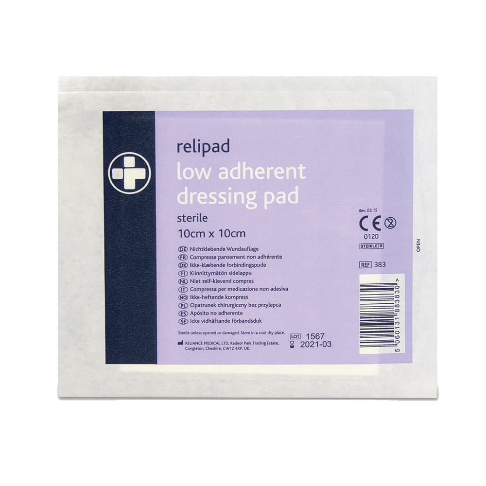 Relipad low adherent dressing pad packaging on a green background