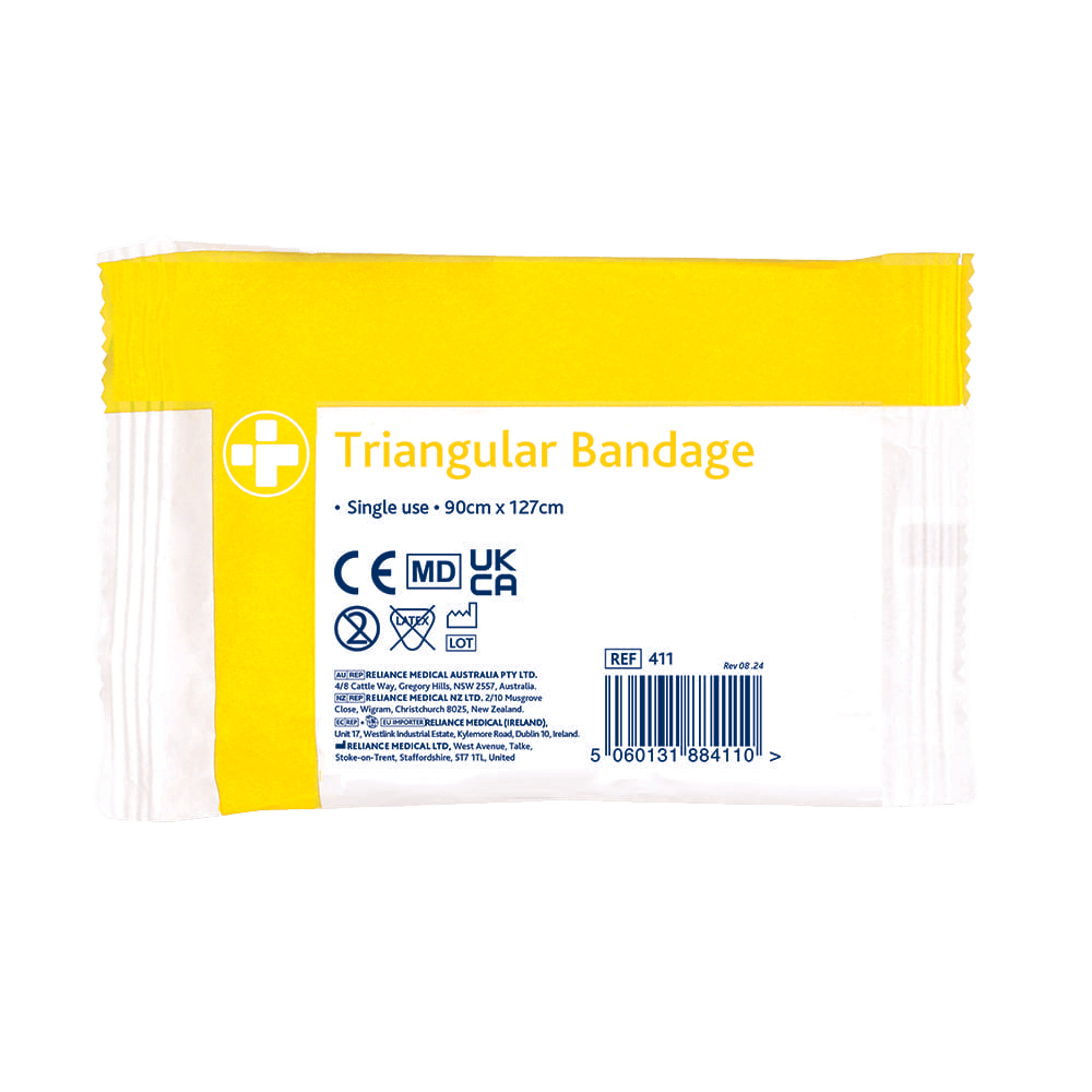 Triangular bandage packaging with yellow border on a white background