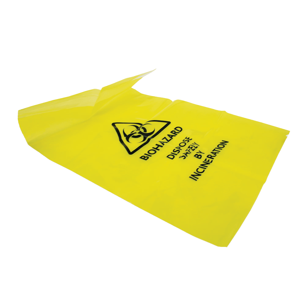 Yellow biohazard disposal bag with warning symbol on a transparent background