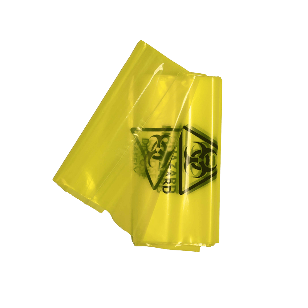Yellow biohazard bag with a clear flap on a transparent background