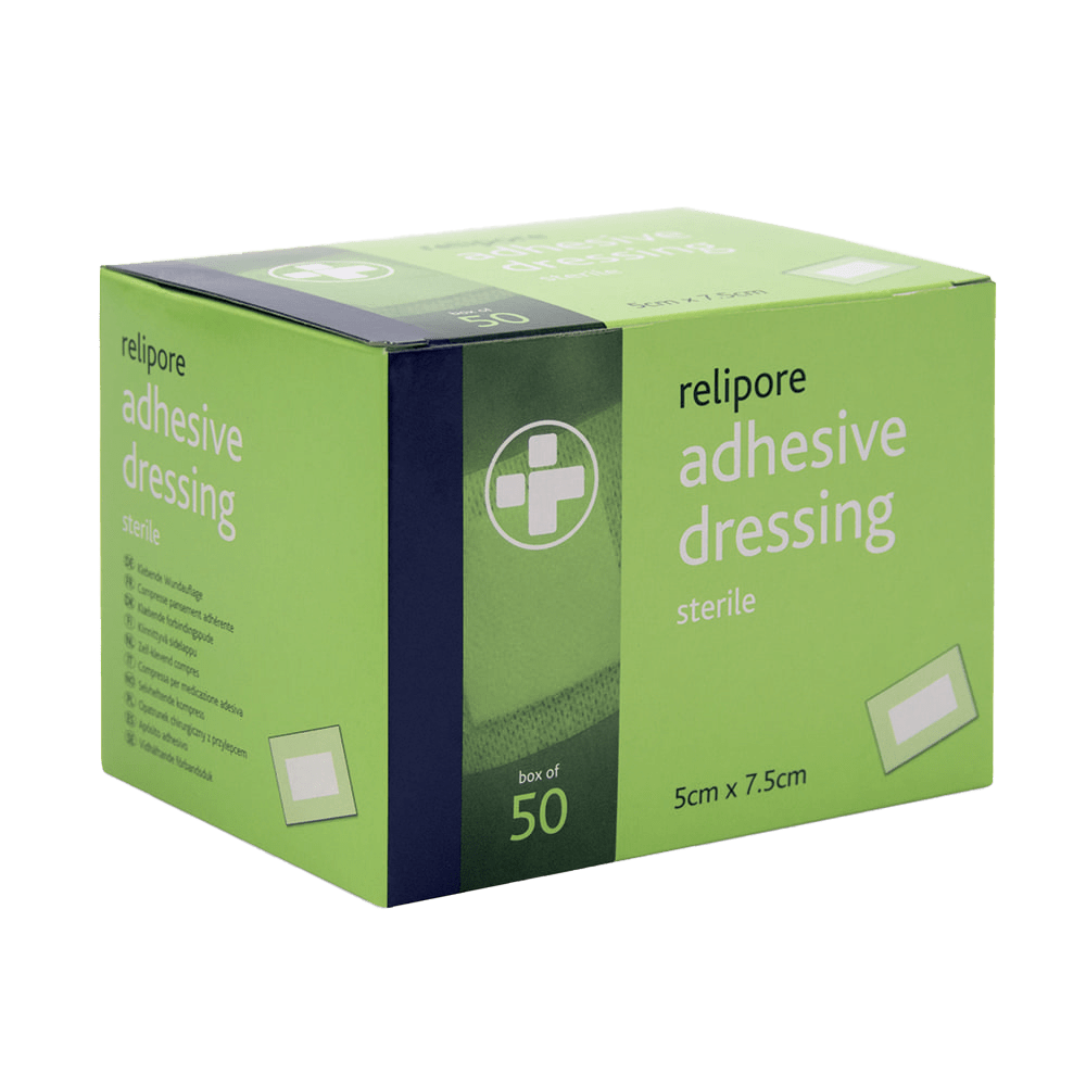 Green box of relipore adhesive dressing on a green background