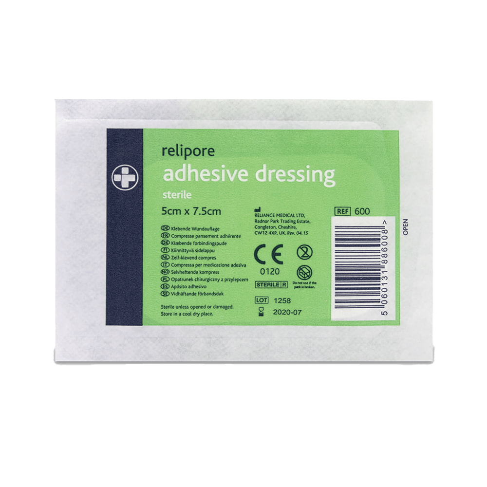 Relipore adhesive dressing packaging on a green background