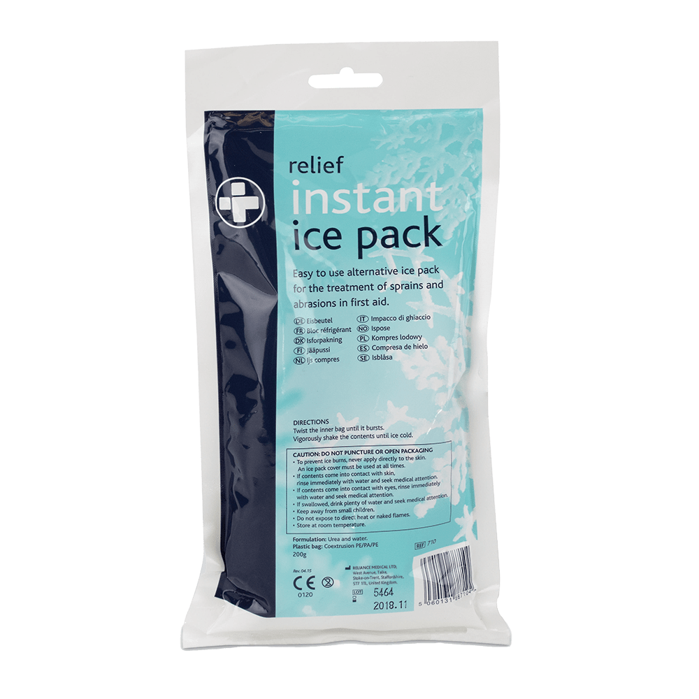 Instant ice pack with blue label on a white background
