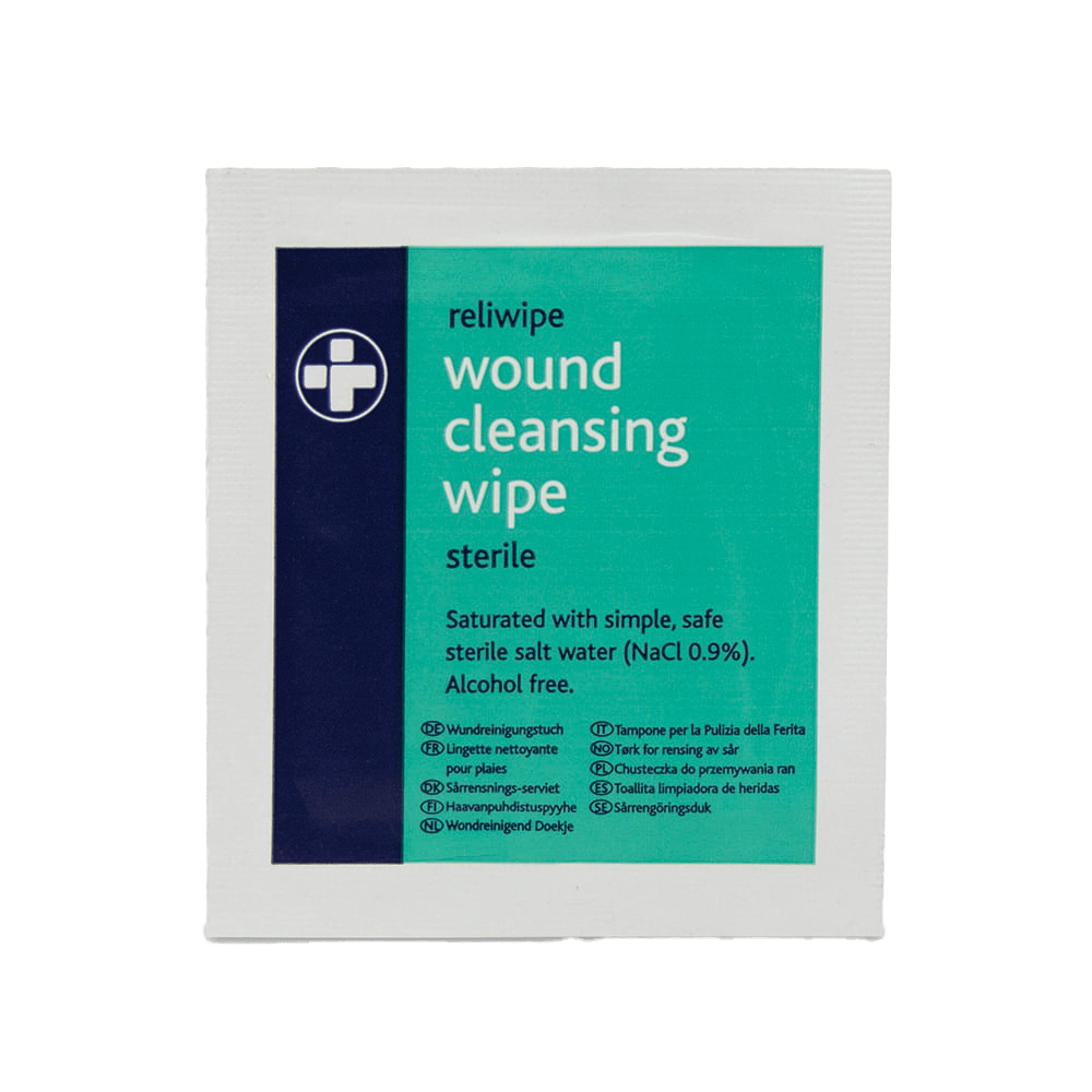 Reliwipe wound cleansing wipe packaging on a white background