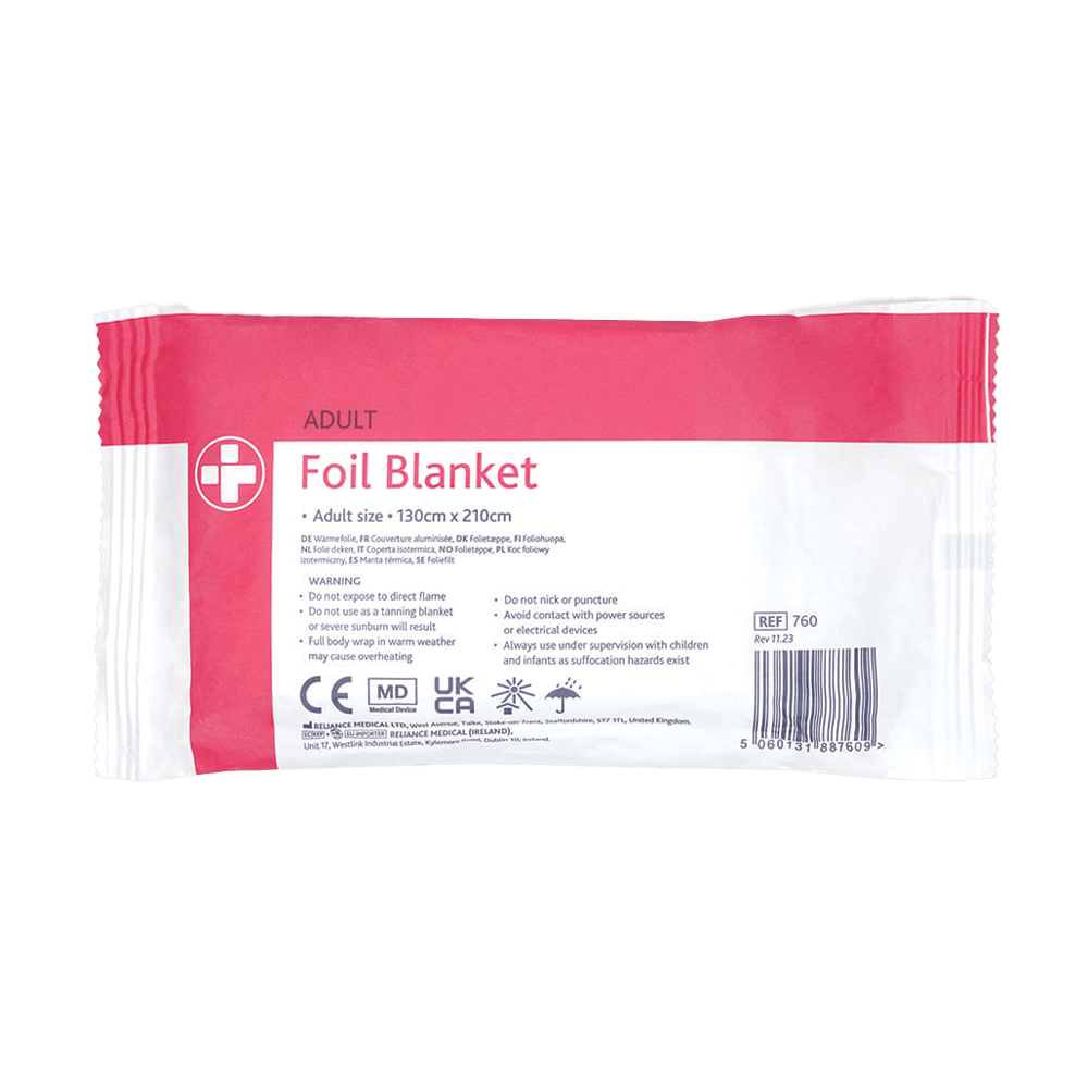 Foil blanket packaging with red and white design on a green background