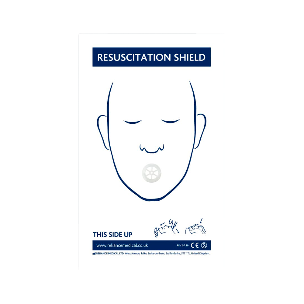 Diagram of a resuscitation shield with a face outline and text on a white background