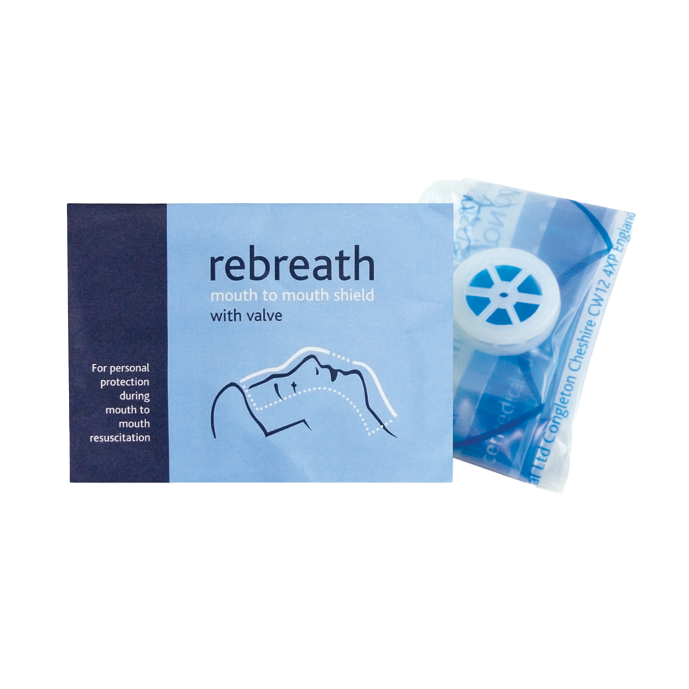 Rebreath mouth-to-mouth shield packaging with valve on a white background