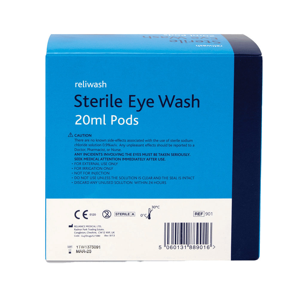 Packaging of reliwash Sterile Eye Wash 20ml Pods on a green background