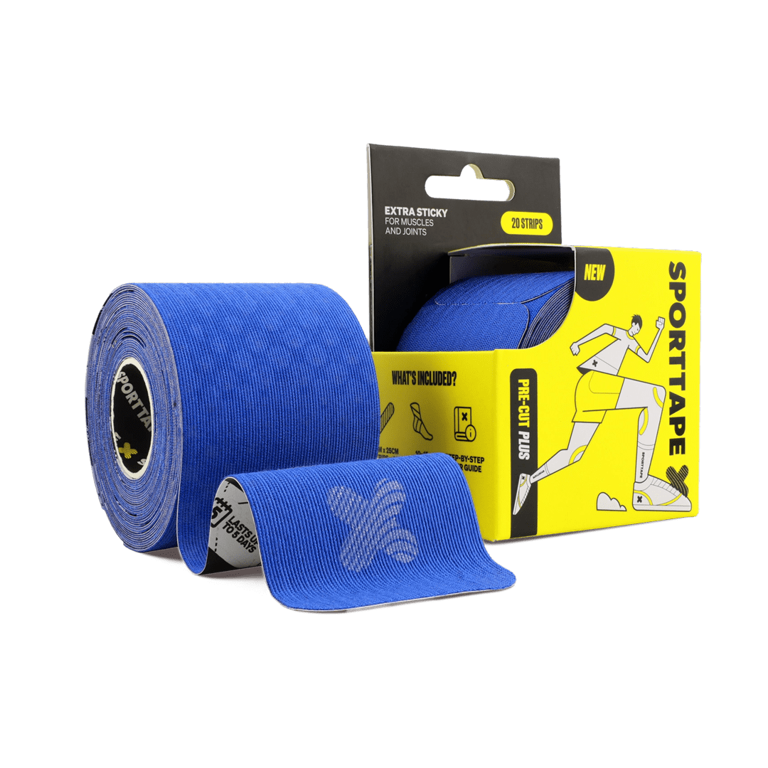 Blue SPORTTAPE pre-cut kinesiology tape shown as a rolled roll with one strip unrolled, alongside its yellow and black retail packaging.