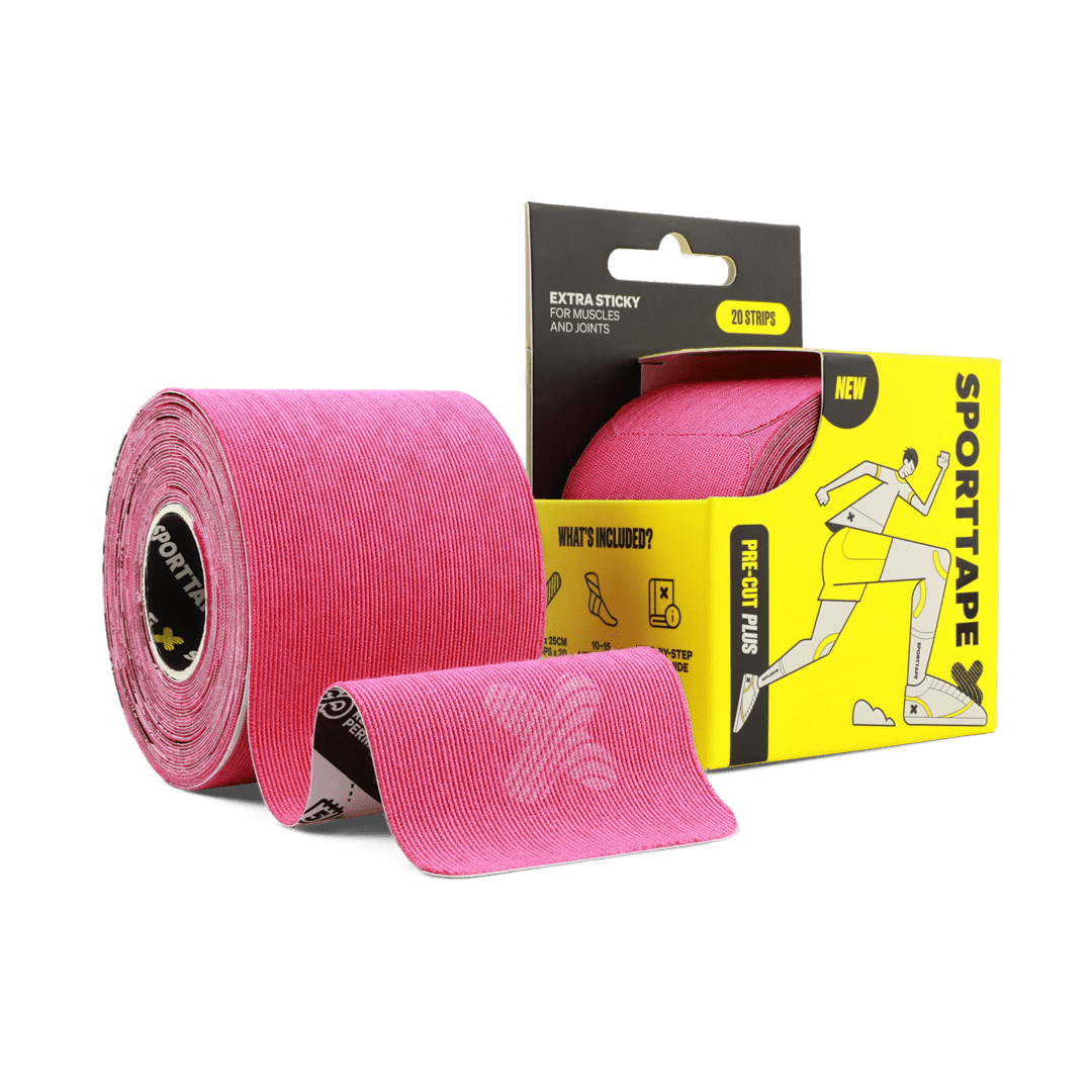 Pink SPORTTAPE pre-cut kinesiology tape shown as a rolled roll with one strip unrolled, alongside its yellow and black retail packaging.
