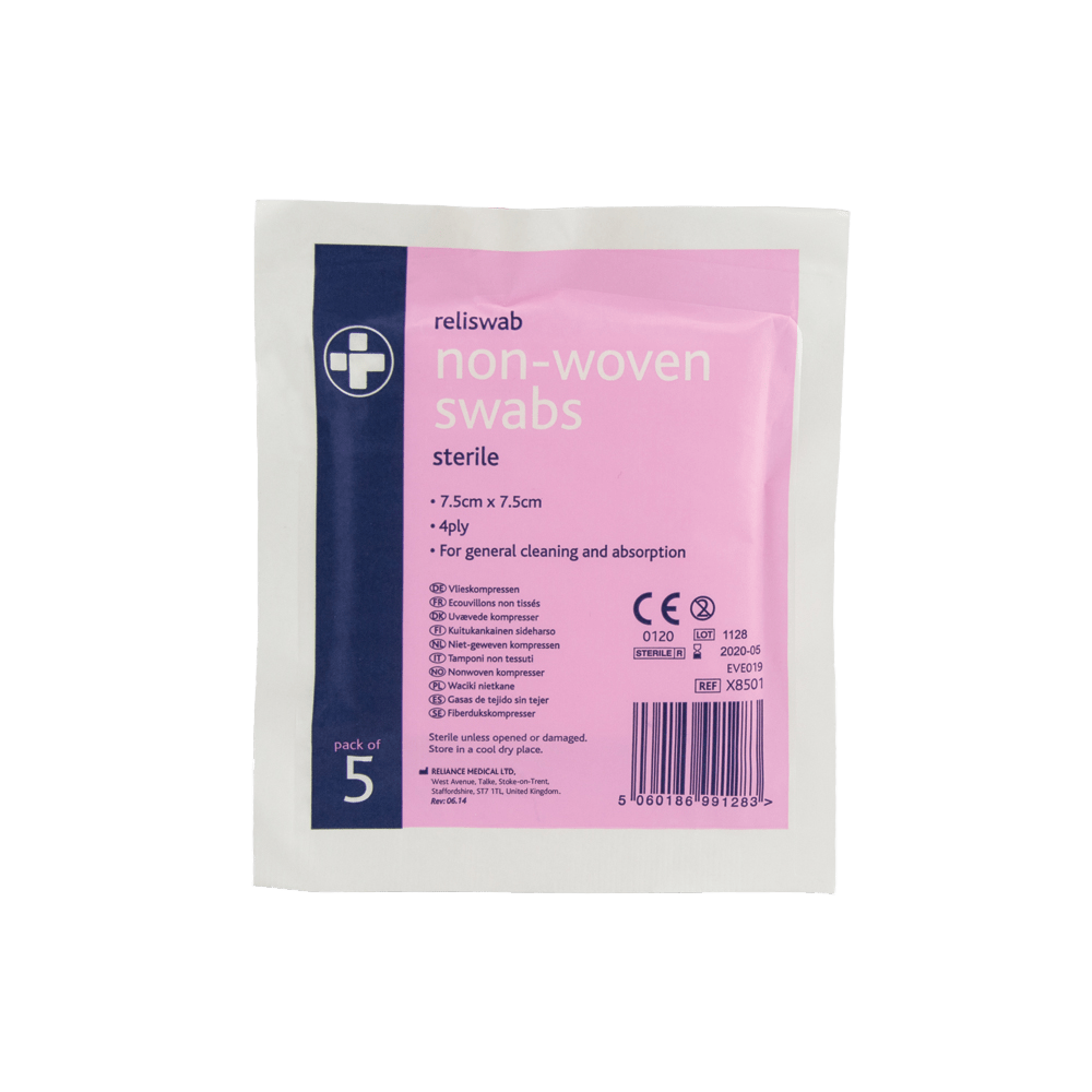 Reliswab non-woven swabs package on a green background