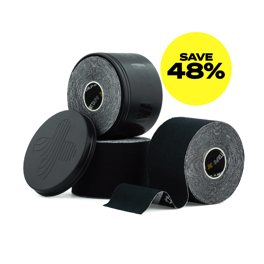 Three Black Kinesiology Rolls and Black Always Chasing Tin with a discount label (48%) on a transparent background