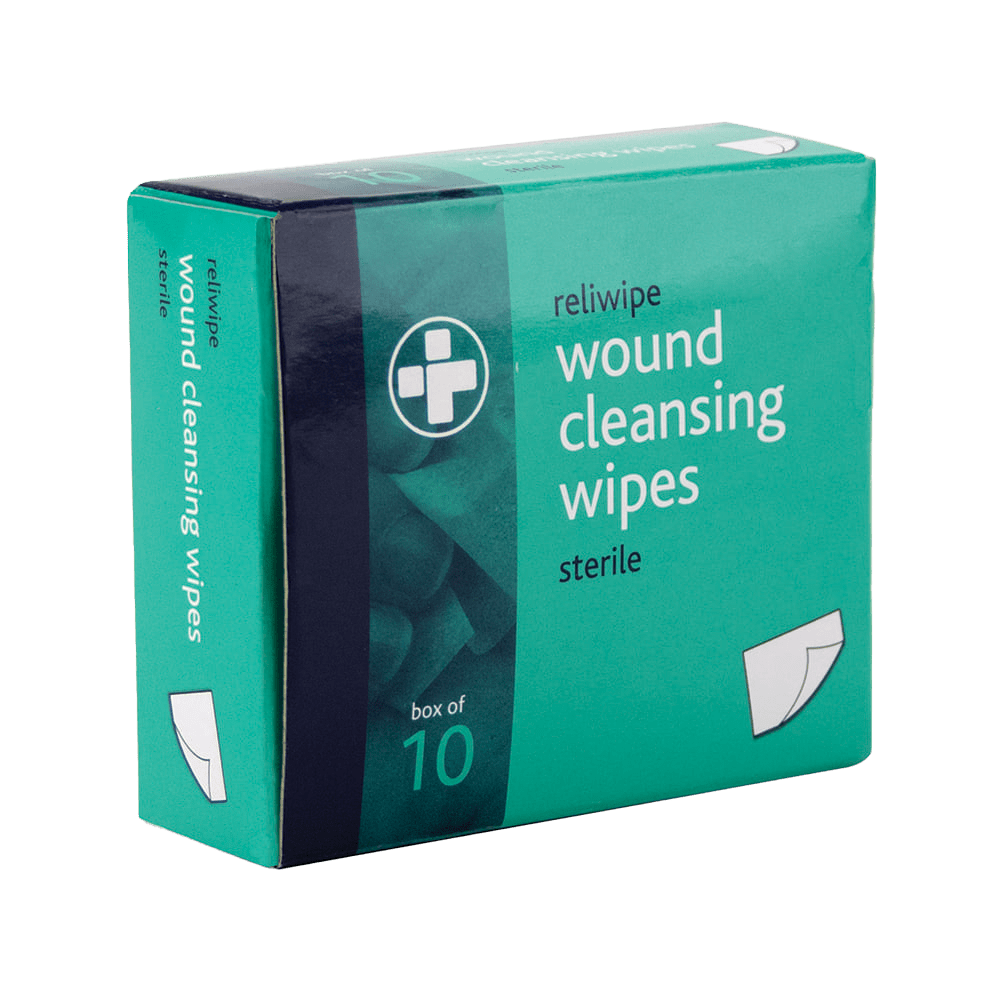 Box of reliwipe wound cleansing wipes on a white background