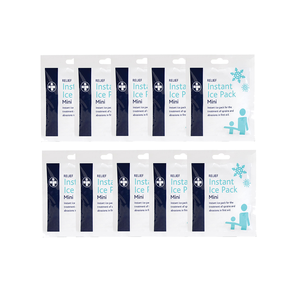 Multiple packages of RELIEF Instant Ice Pack Mini on a white background