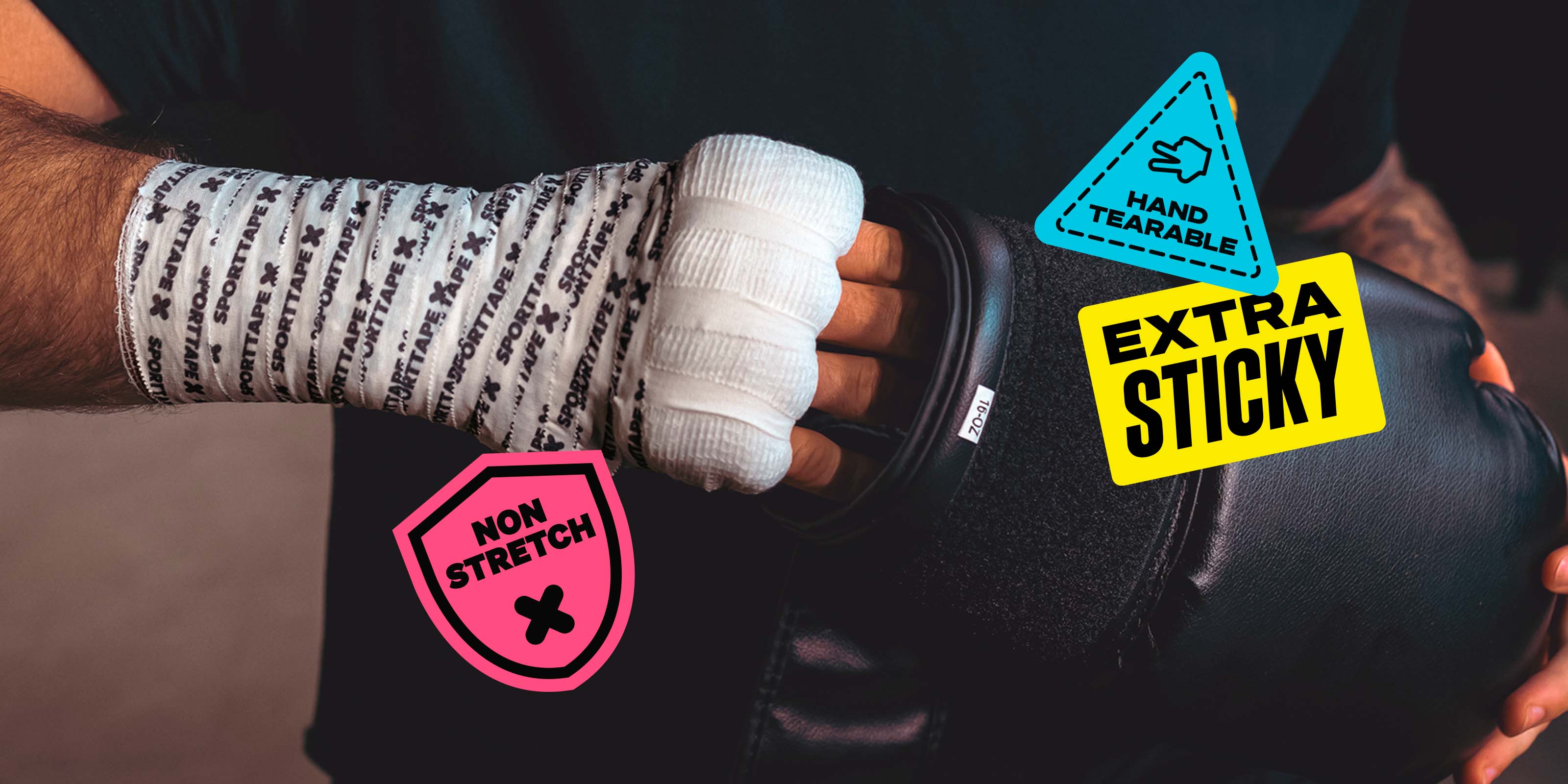 Picture of boxing hand wrap and athlete putting their hand into a boxing glove.
