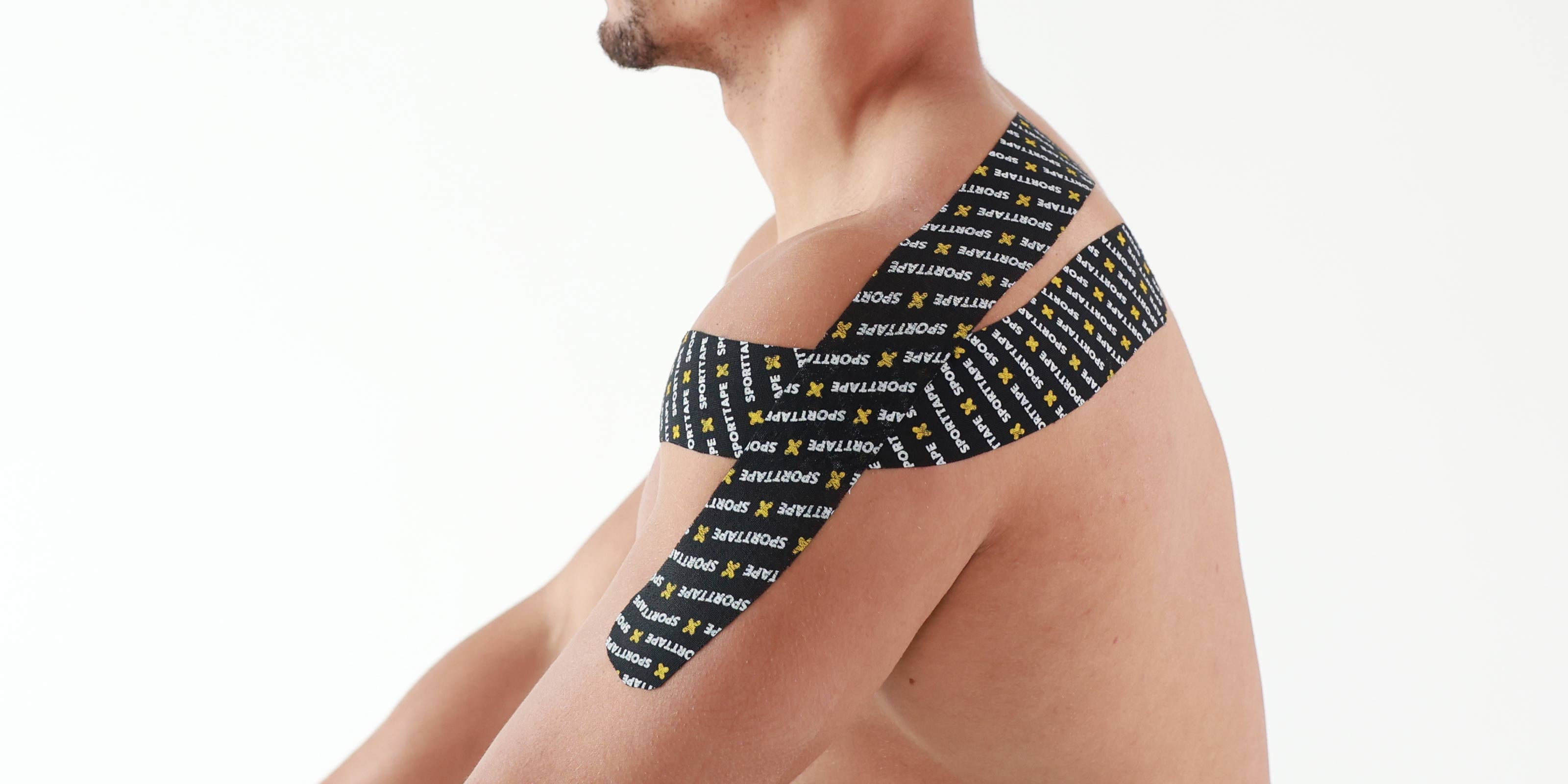 Person wearing SPORTTAPE branded kinesiology tape on the shoulder