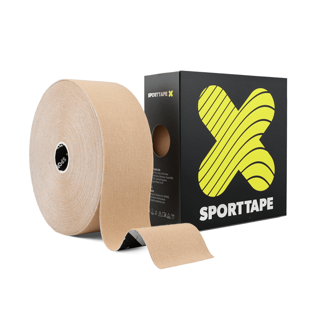 SIngle roll of beige kinesiology tape 22m long, 5cm wide