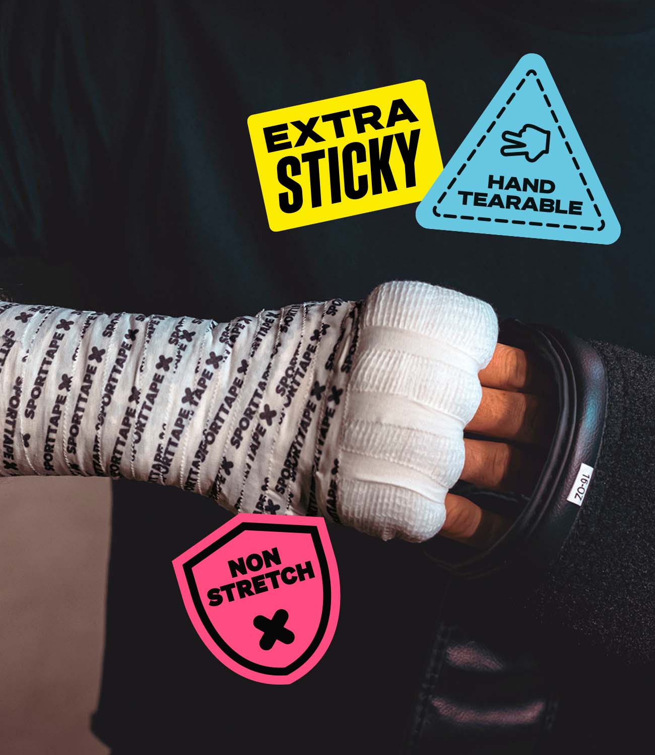 Picture of boxing hand wrap and athlete putting their hand into a boxing glove.