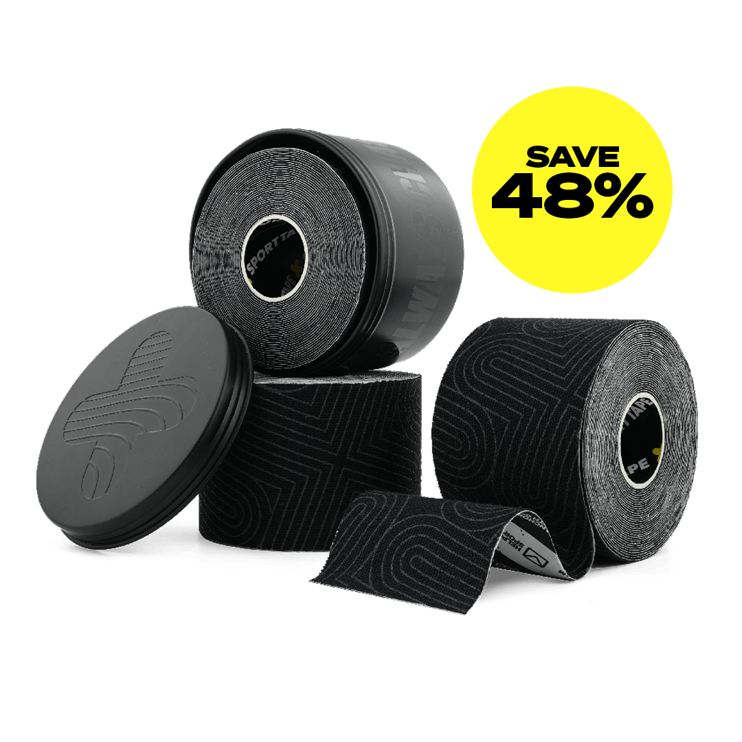 Black kinesiology tape rolls with a discount label on a transparent background