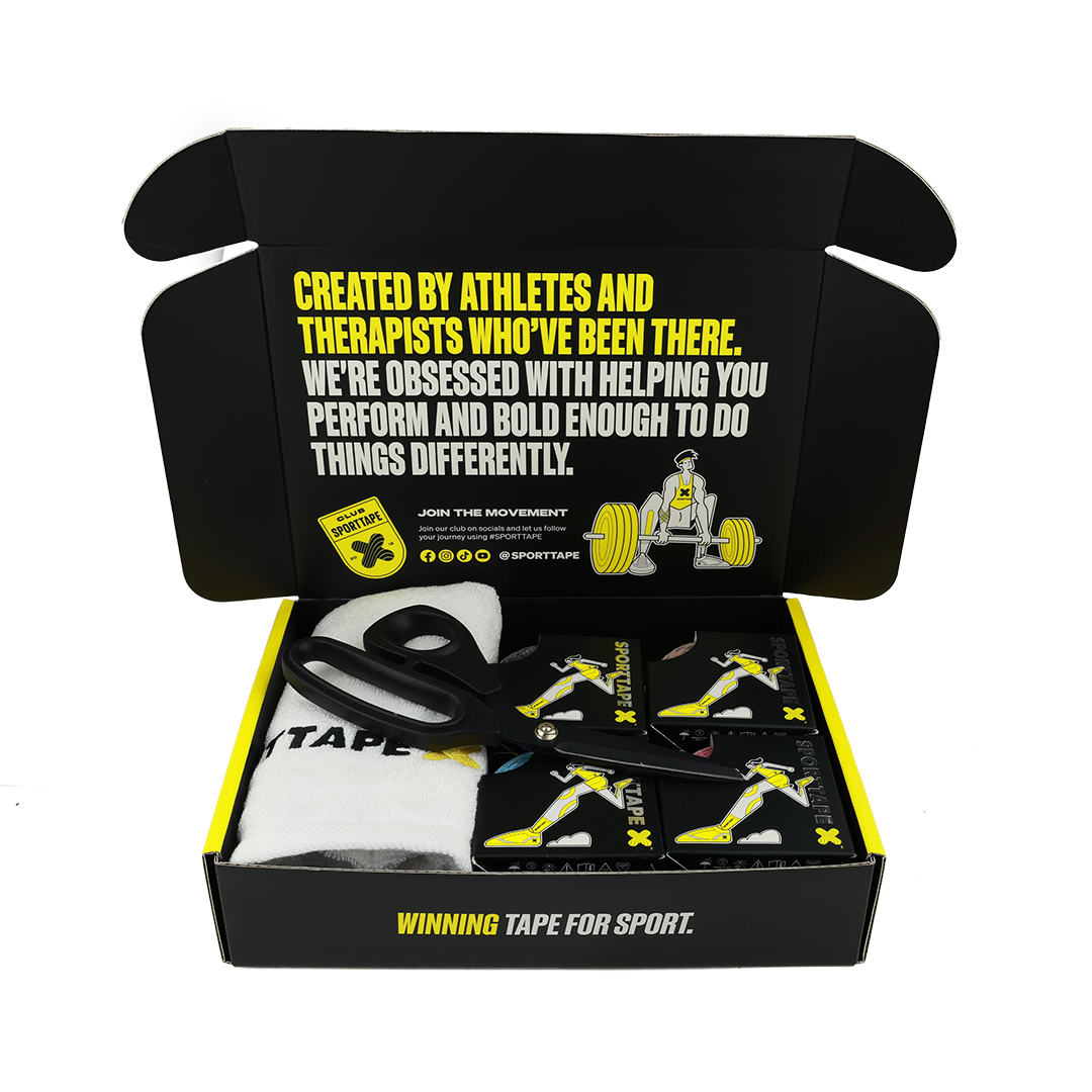 Box of SPORTTAPE with branding and product details on a white background