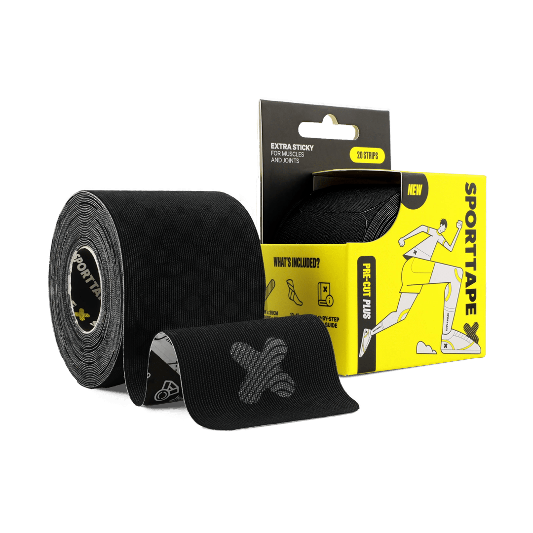 Black SPORTTAPE pre-cut kinesiology tape shown as a rolled roll with one strip unrolled, alongside its yellow and black retail packaging.