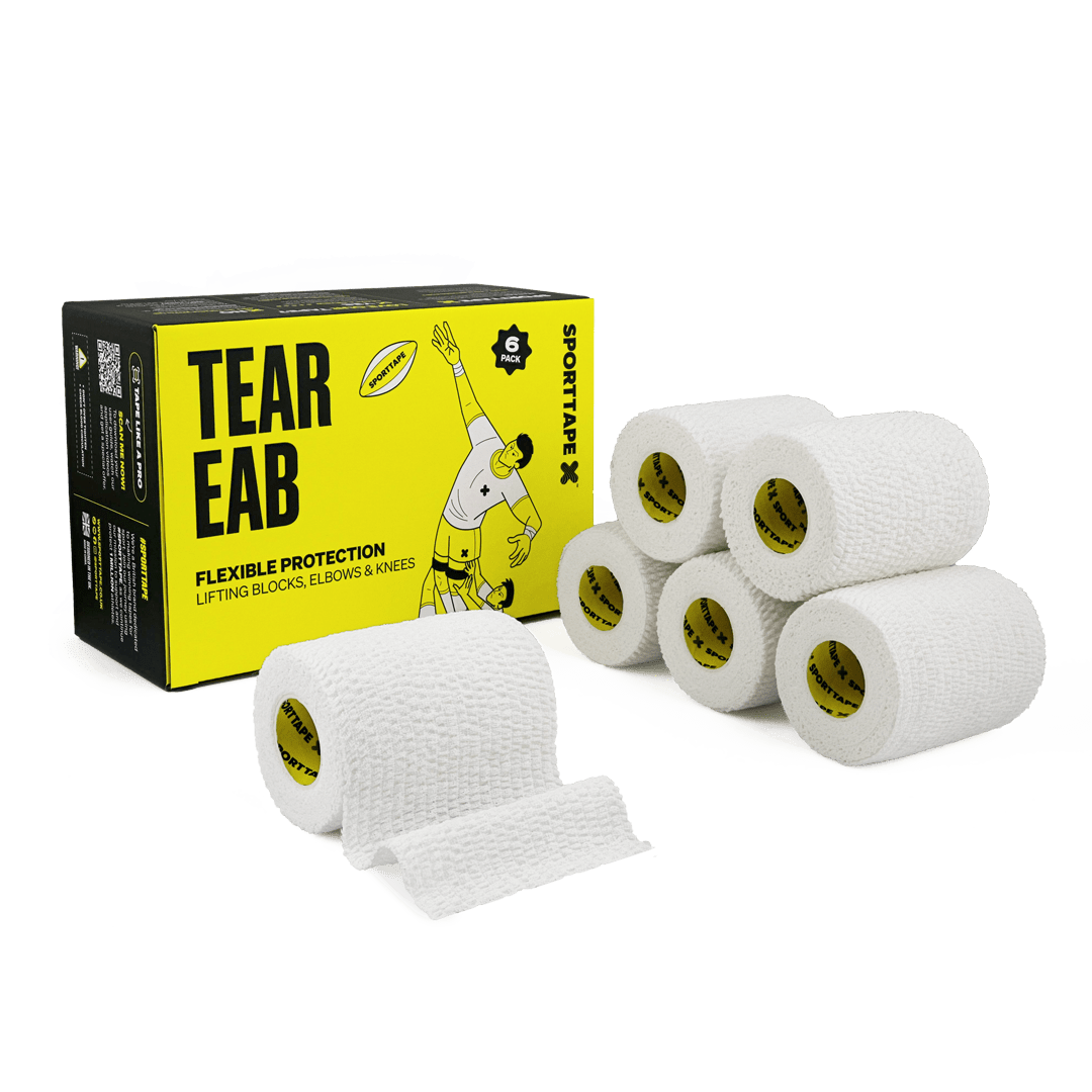 Box of tear elastic adhesive bandages with six rolls displayed.