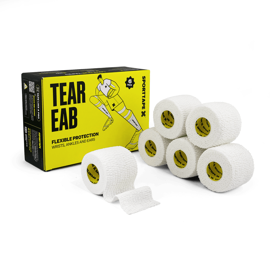 Box of tear elastic adhesive bandages with six rolls displayed.