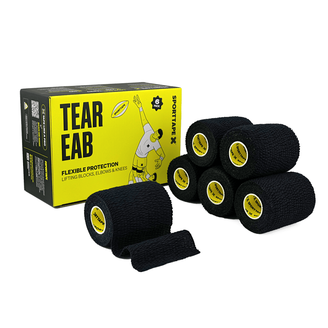 Box of tear elastic adhesive bandages with six rolls displayed.